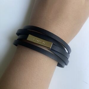 COACH Black Multi-Wrap Leather Bracelet Gold-Tone Hardware Band Bangle Jewelry
